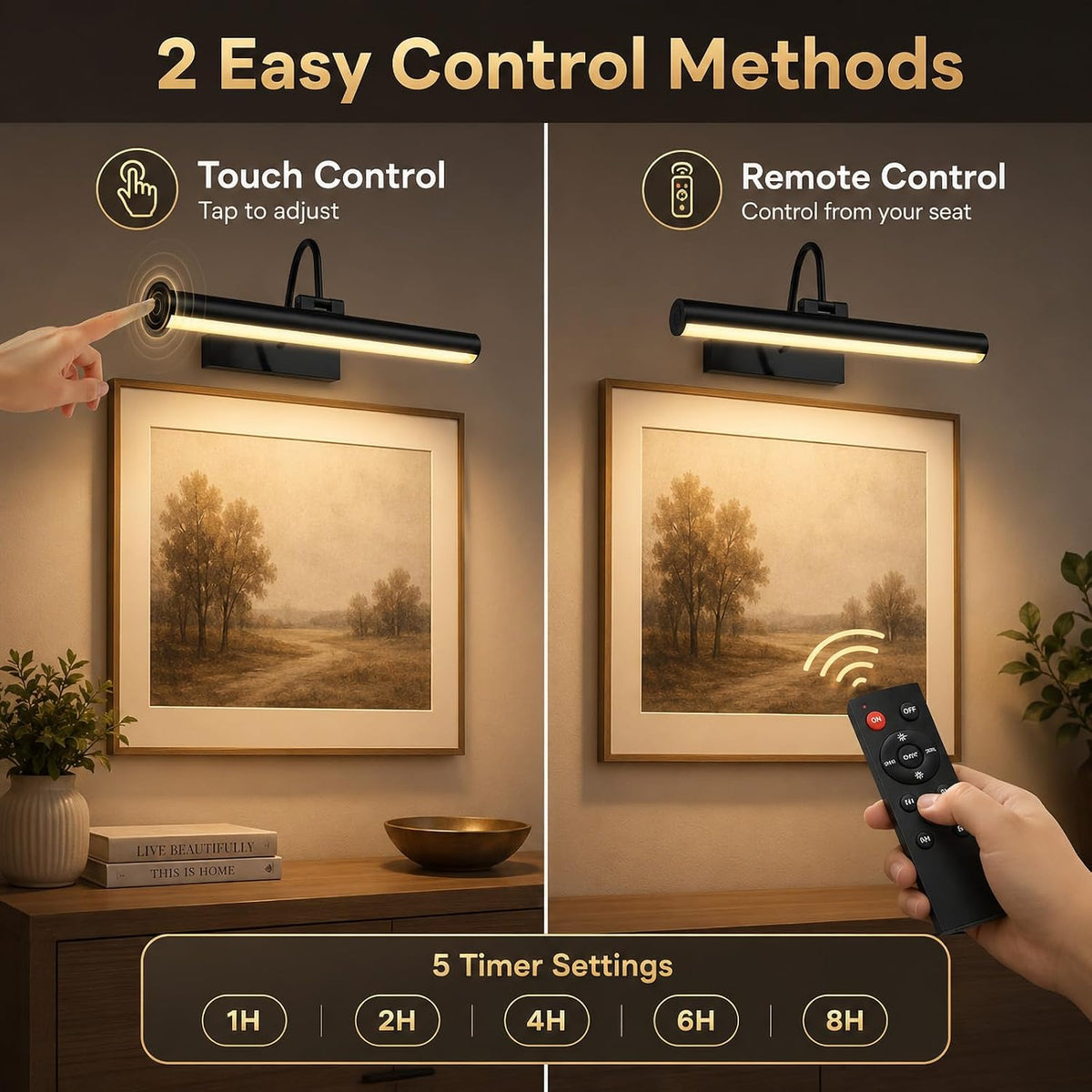 13 Inch Battery Operated Picture Light, Rechargeable, Black | Remote Touch Control, Timer, 3 Color Modes, Dimmable