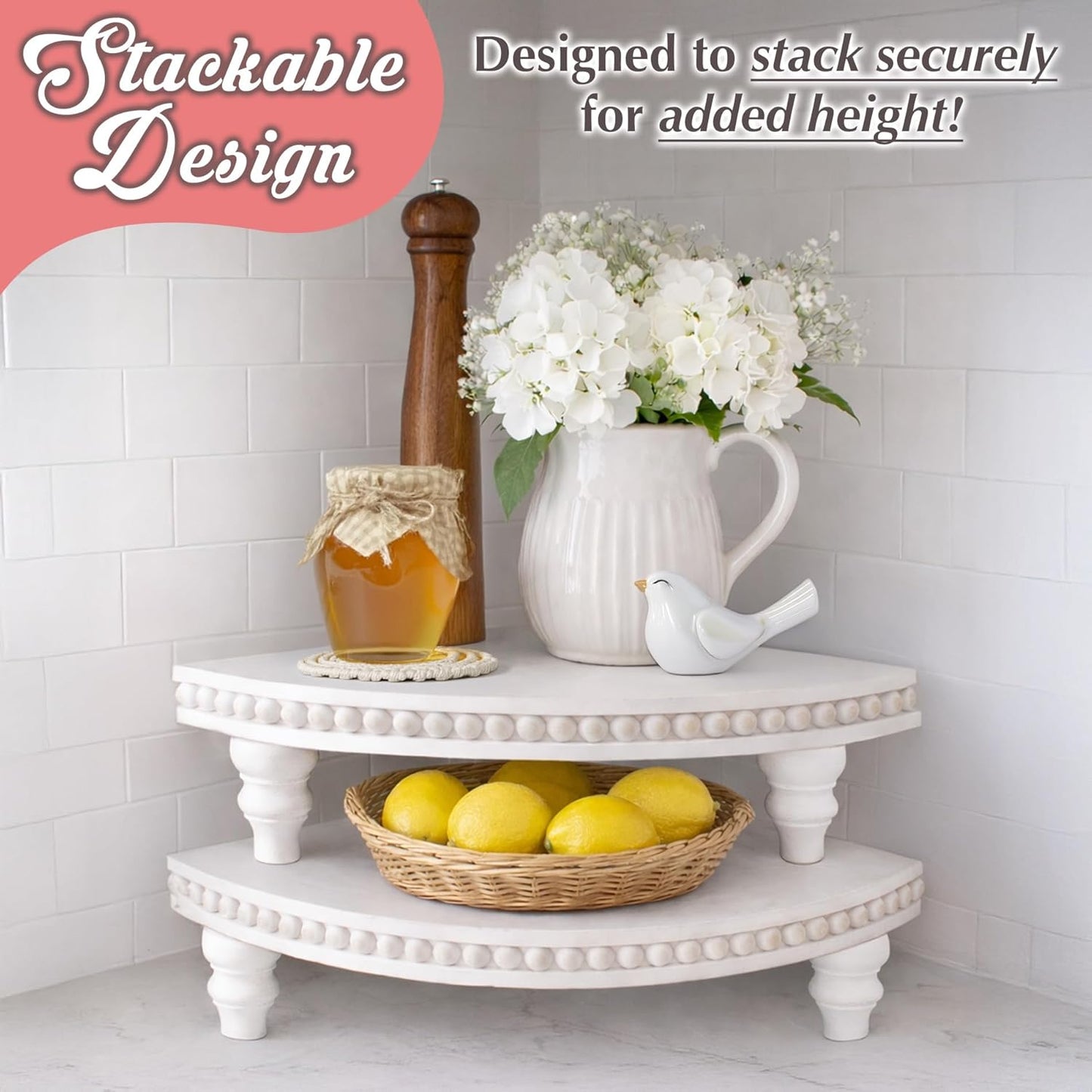 Farmhouse Wood Rounded Beaded Tray / Rustic White