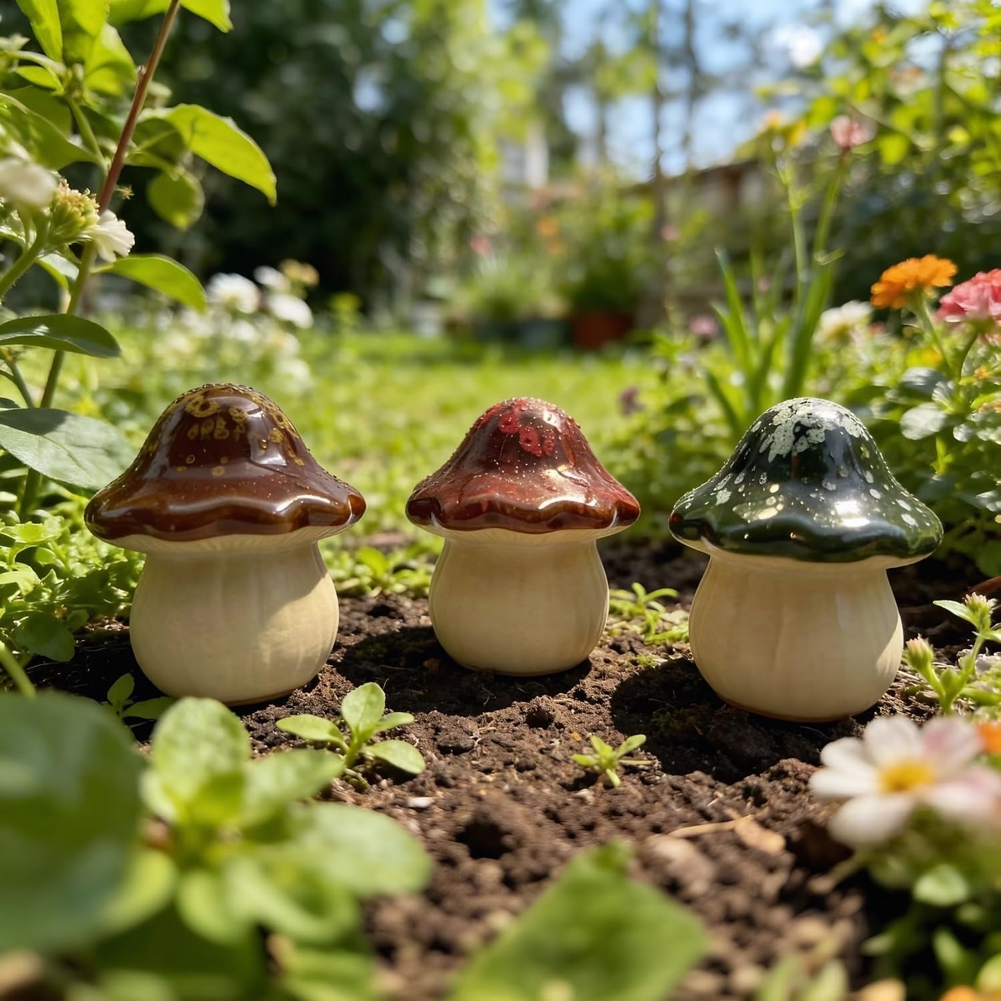 Ceramic Garden Mushroom Ornaments 3-Piece Set