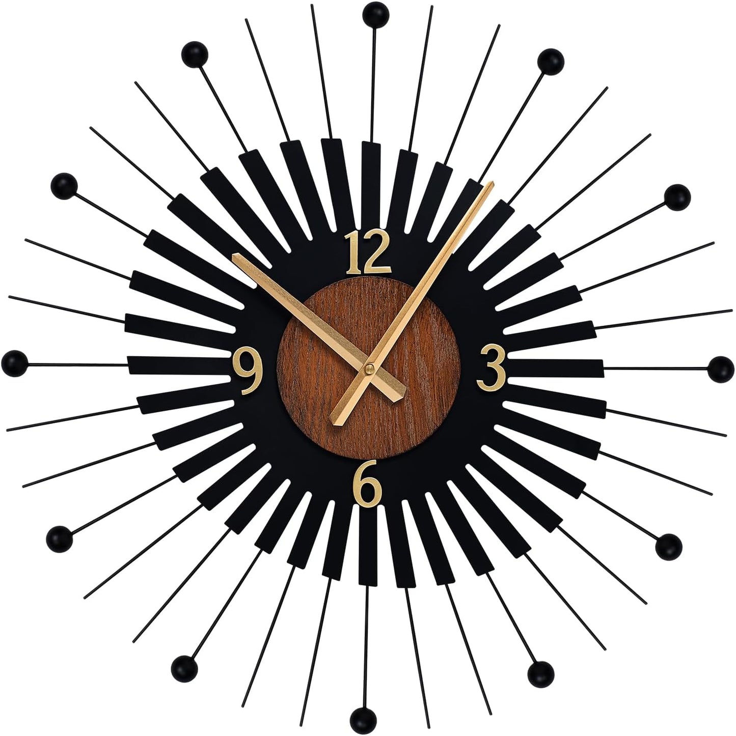 22 Inch Modern Sunburst Wall Clock Battery Operated Silent Quartz Movement | Black Metal Radiating Design with Walnut
