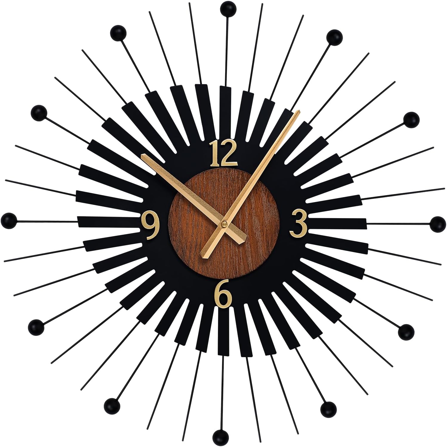 22 Inch Modern Sunburst Wall Clock Battery Operated Silent Quartz Movement | Black Metal Radiating Design with Walnut