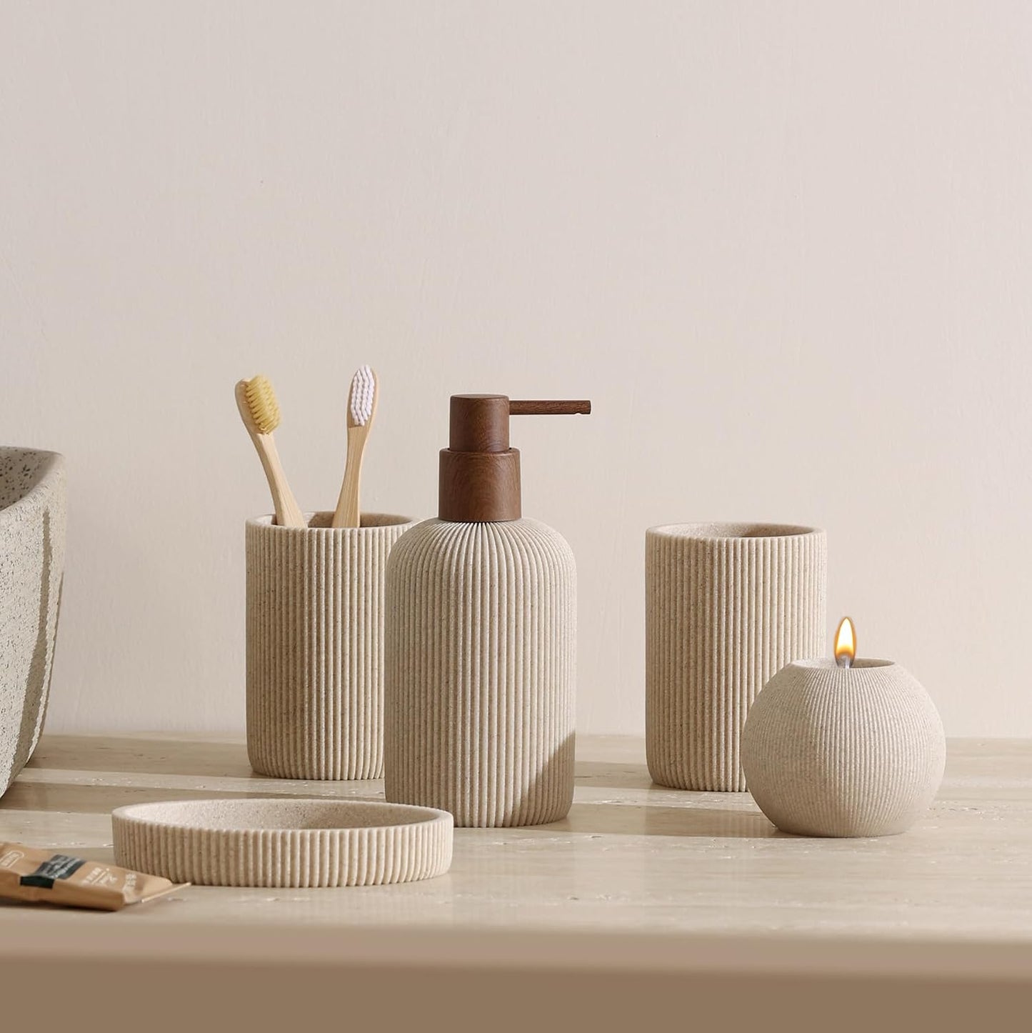 Sandstone Look Stripe Modern Bath Organizer / Beige / Set of 5