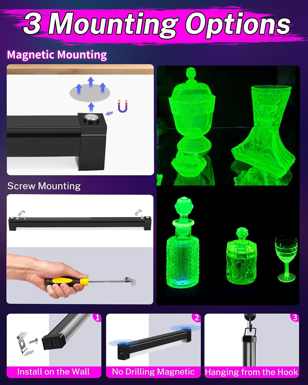 4 Pack Rechargeable Black Light Bar, 5000mAh Large Capacity Battery Powered | for Glow Party, Portable Blacklight Party