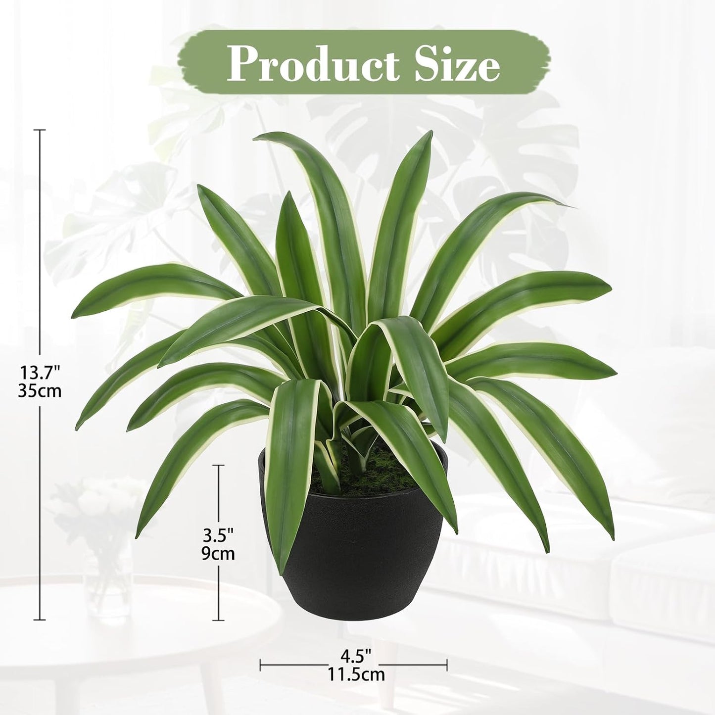 Artificial Cymbidium Leaves Plants 13.7" Fake Spiked Agave Plant in Black Pot Faux / Yellow