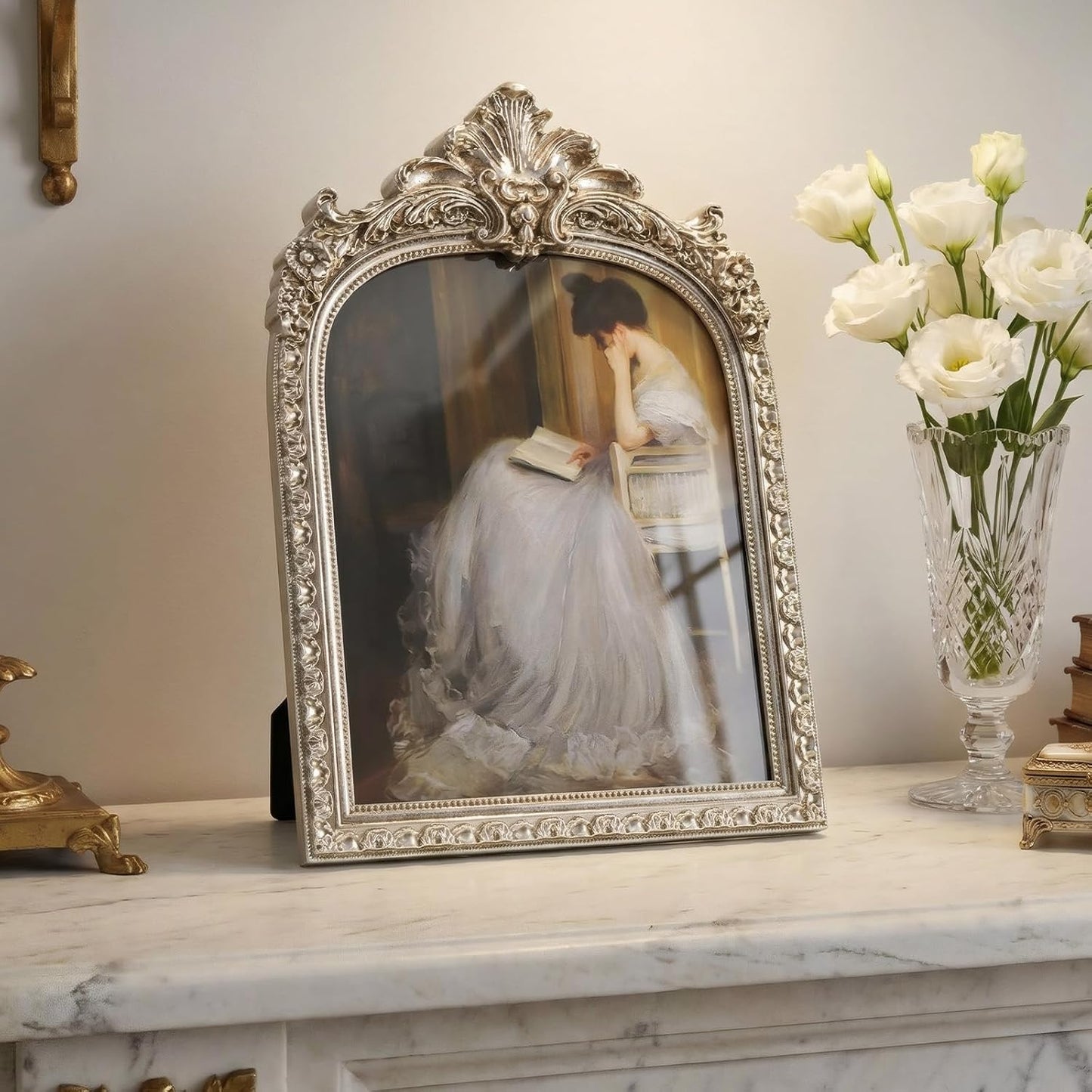 Vintage Ornate Arched Photo Frame / Silver Arch / 8 x 10
