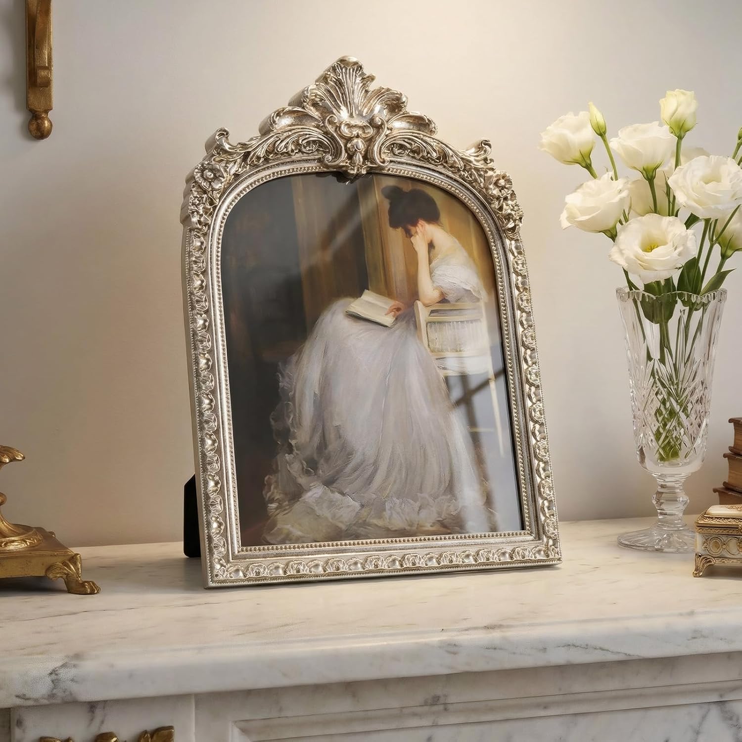 Vintage Ornate Arched Photo Frame / Silver Arch / 8 x 10
