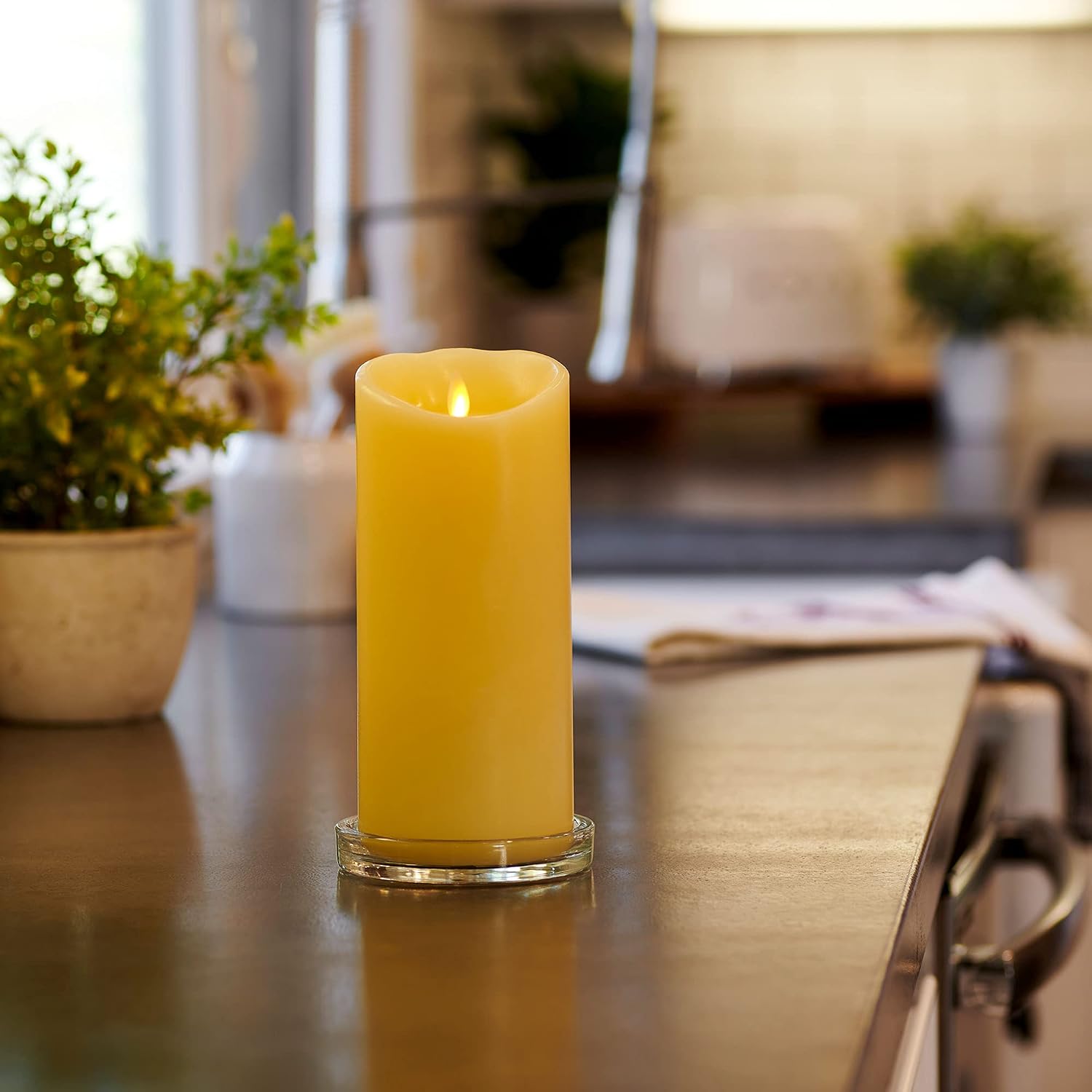 Luminara Scalloped Edge Flameless LED Candle - Ivory 4" x 9" - Real Wax Pillar Battery Operated Moving Flame w/Timer