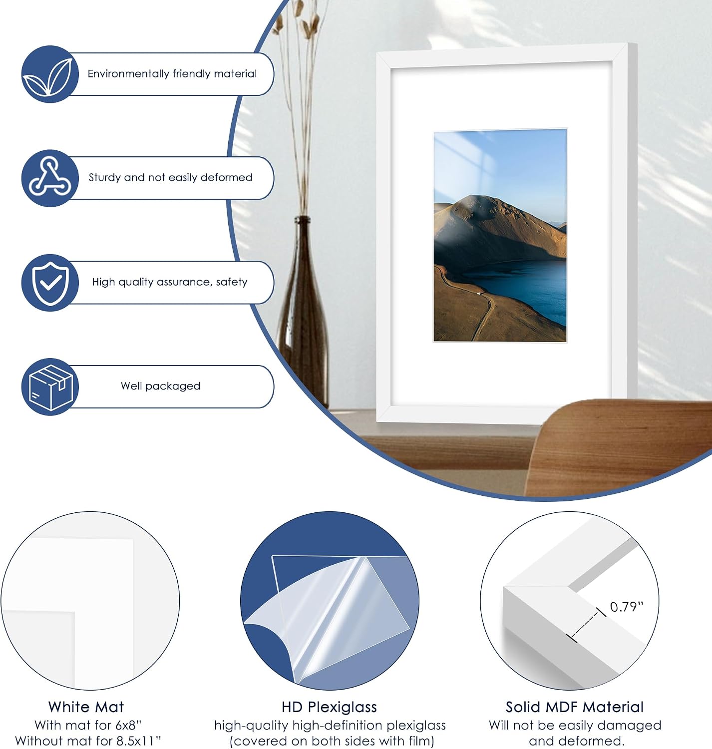 8x12 Picture Frame Set of 6, Wall or Tabletop Display, White | Display 6x8 with Mat or 8x12 Without Mat, Horizontal or