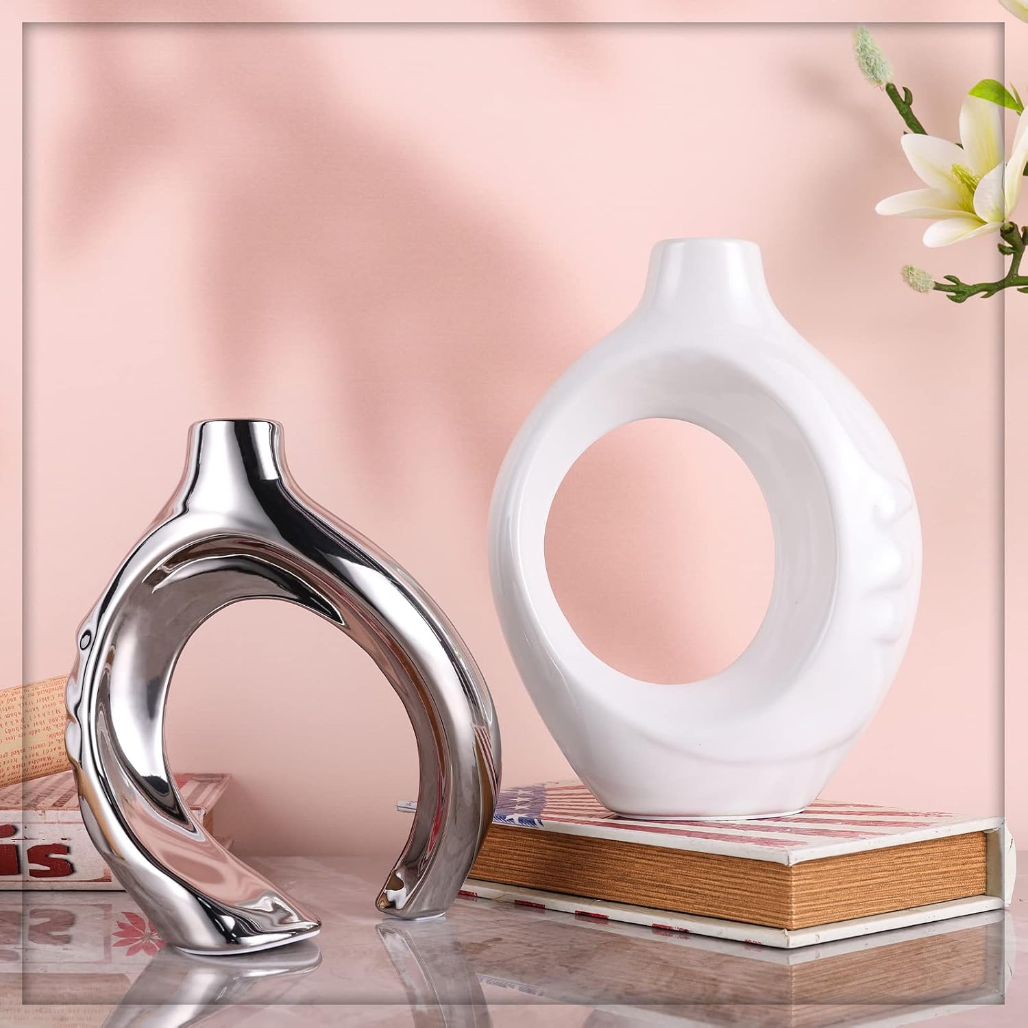 White Ceramic Vase / White Silver / Set of 2