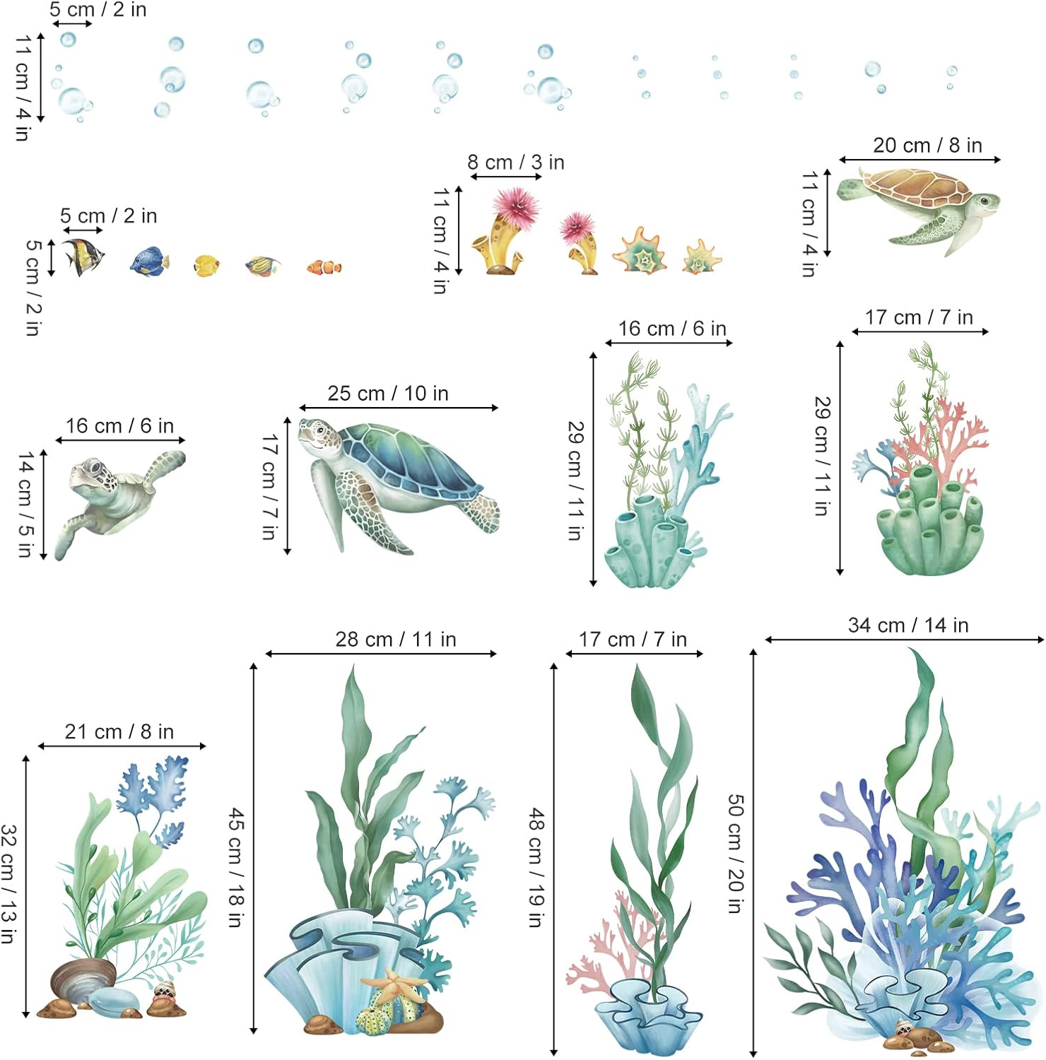 Ocean Seaweed Grass Wall Stickers Turtle Under The Sea Peel and Stick Wall Art Decals for Baby