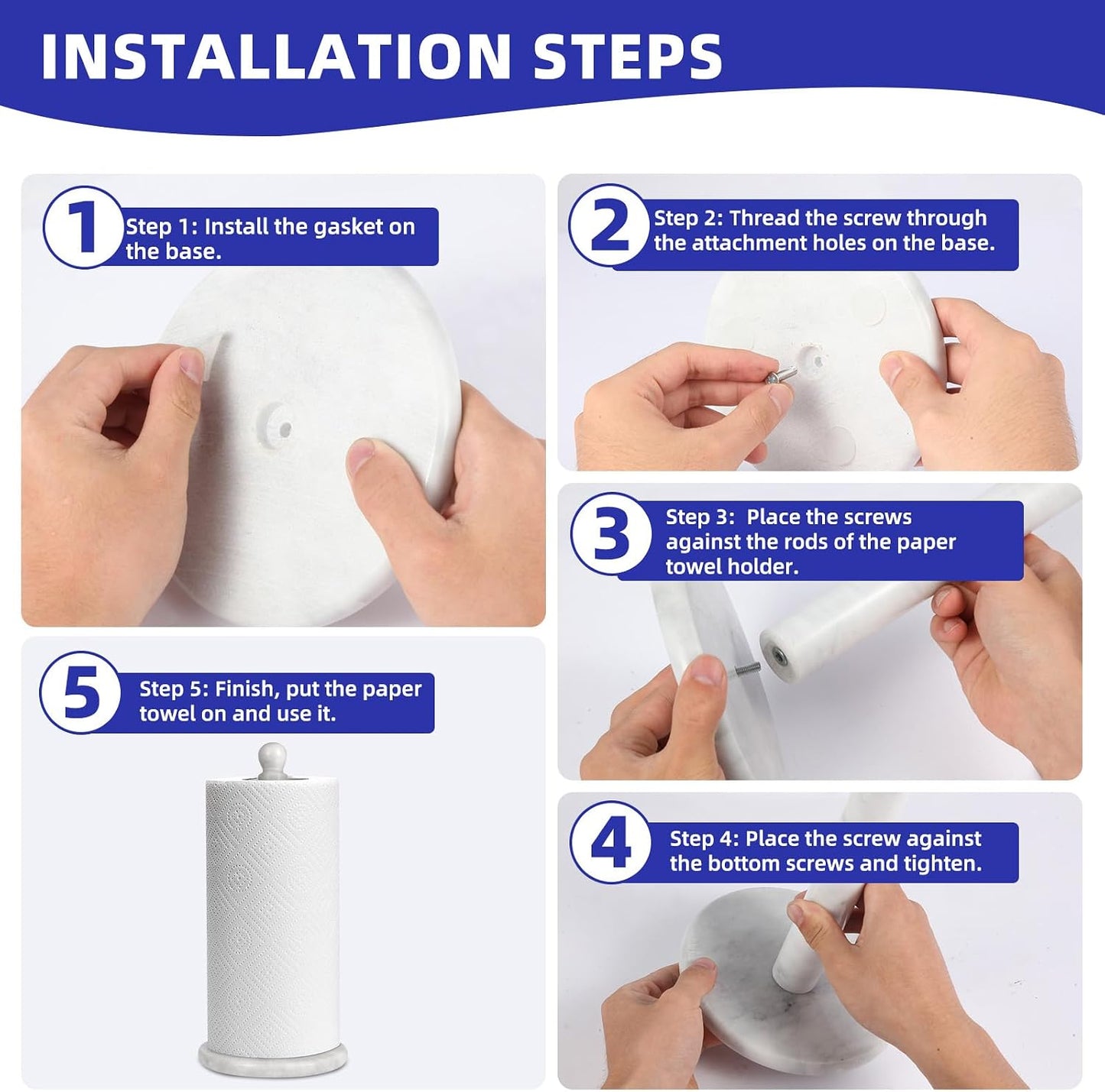Natural Marble Paper Towel Holder for Kitchen Countertop - 2.6 lbs (1.2kg) Heavy Duty Weighted Base for One-Handed