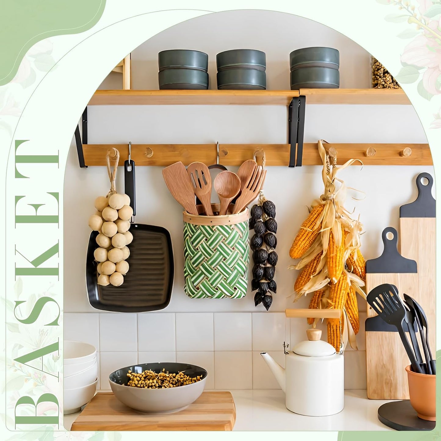 Small Wall Hanging Basket Woven Wood Storage Basket Hanging Rope / Sage Green / 6 Inch / Set of 3