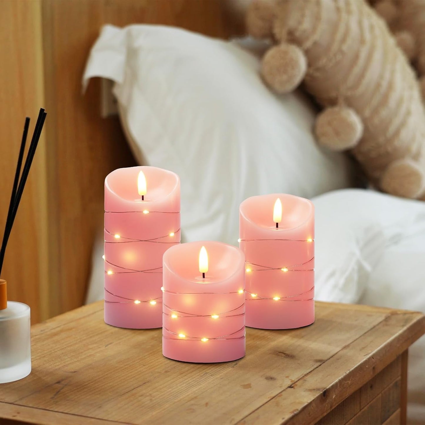 Homemory Flameless Candles with String Lights, 3 Pack Embedded Fairy String Lights LED Candles, Electric Flickering