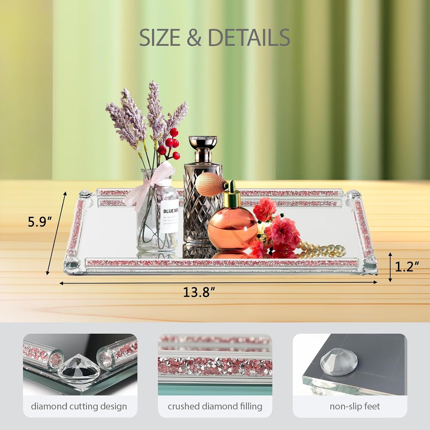 Crystal Glass Perfume Tray for Dresser Cosmetic Trinket Jewelry Vanity Trays / Rose Red B