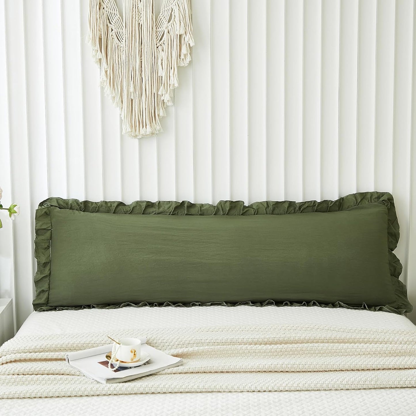 Shabby Chic Pillow Cover / Body / Olive Green / 20 x 54
