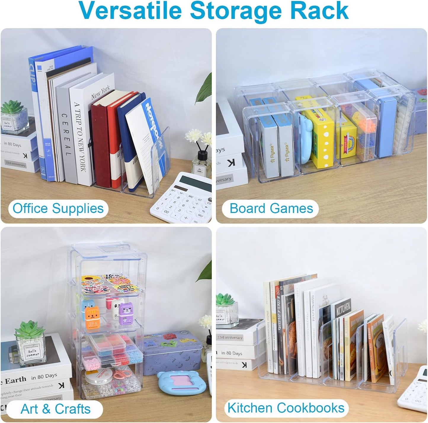 Sturdy Desk File Organizer Shelf Book Holder Purse Handbag Clutch Divider File / Clear / Set of 4