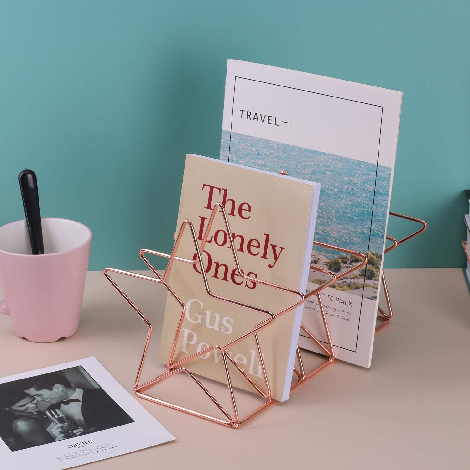 Magazine Holder File Sorter, Metal 5 Slot Desk Organizer Rack for Document, Folder, Letter and Book, Rose Gold