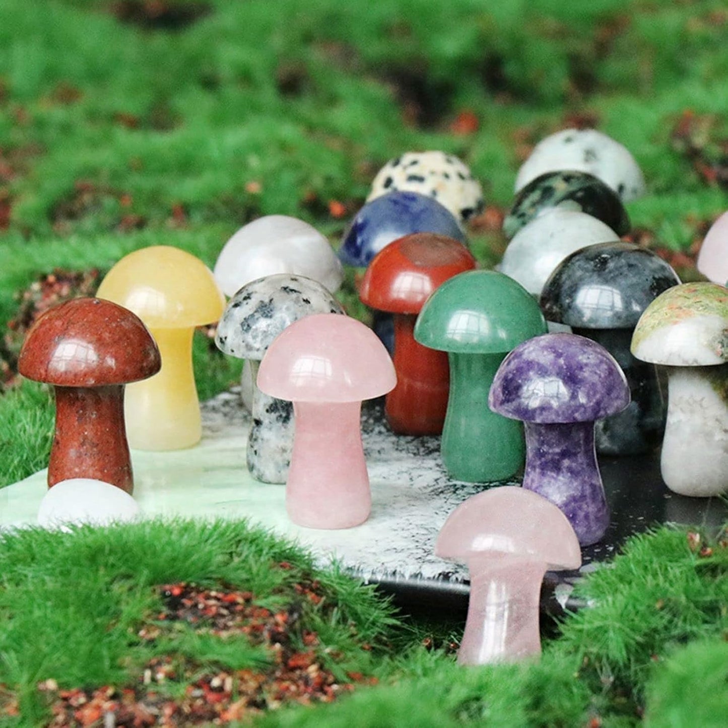 Natural Stones Mushroom Sculpture Decor Crystal / Green Aventurine / Set of 15