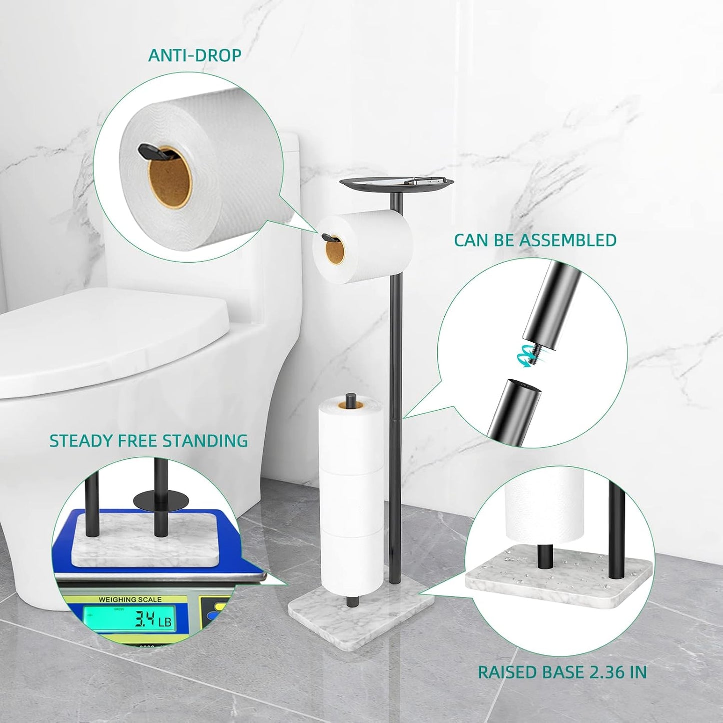 FEILERN Toilet Paper Holder Stand for Bathroom Floor Standing Toilet Roll Dispenser Storages 4 Reserve Rolls, with Top