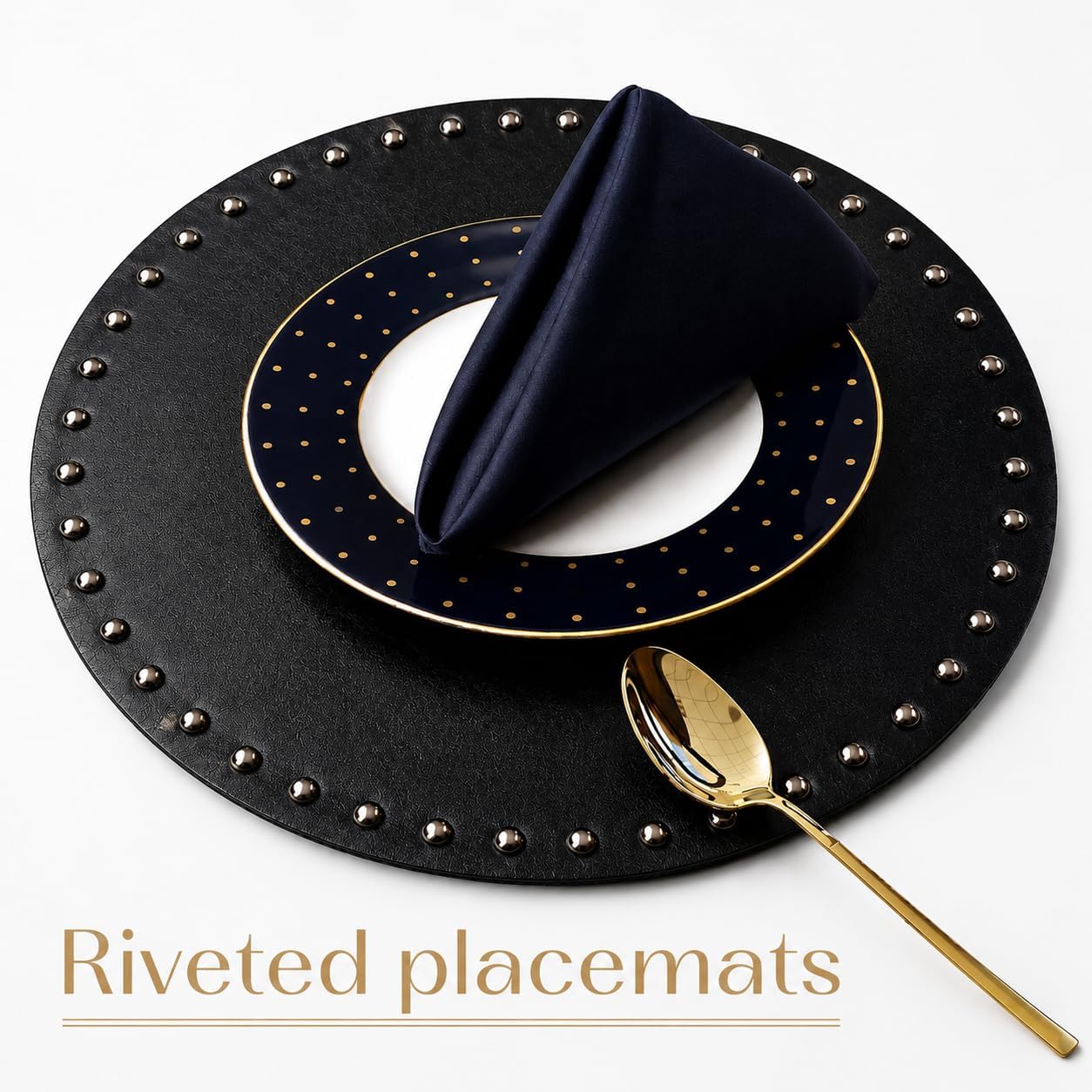 FAVE Black Faux Leather Placemats 13.78 Inches Round Placemat Set of 4 | Heat Resistant Place Mats with Rivets Placemat
