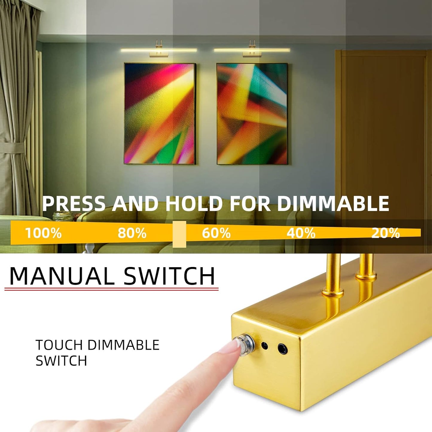 Picture Light,5000mAh Wireless Wall Light,13" Art Light,Plated Gold | Rechargeable Photo Lights,Remote Timer and Dimmer