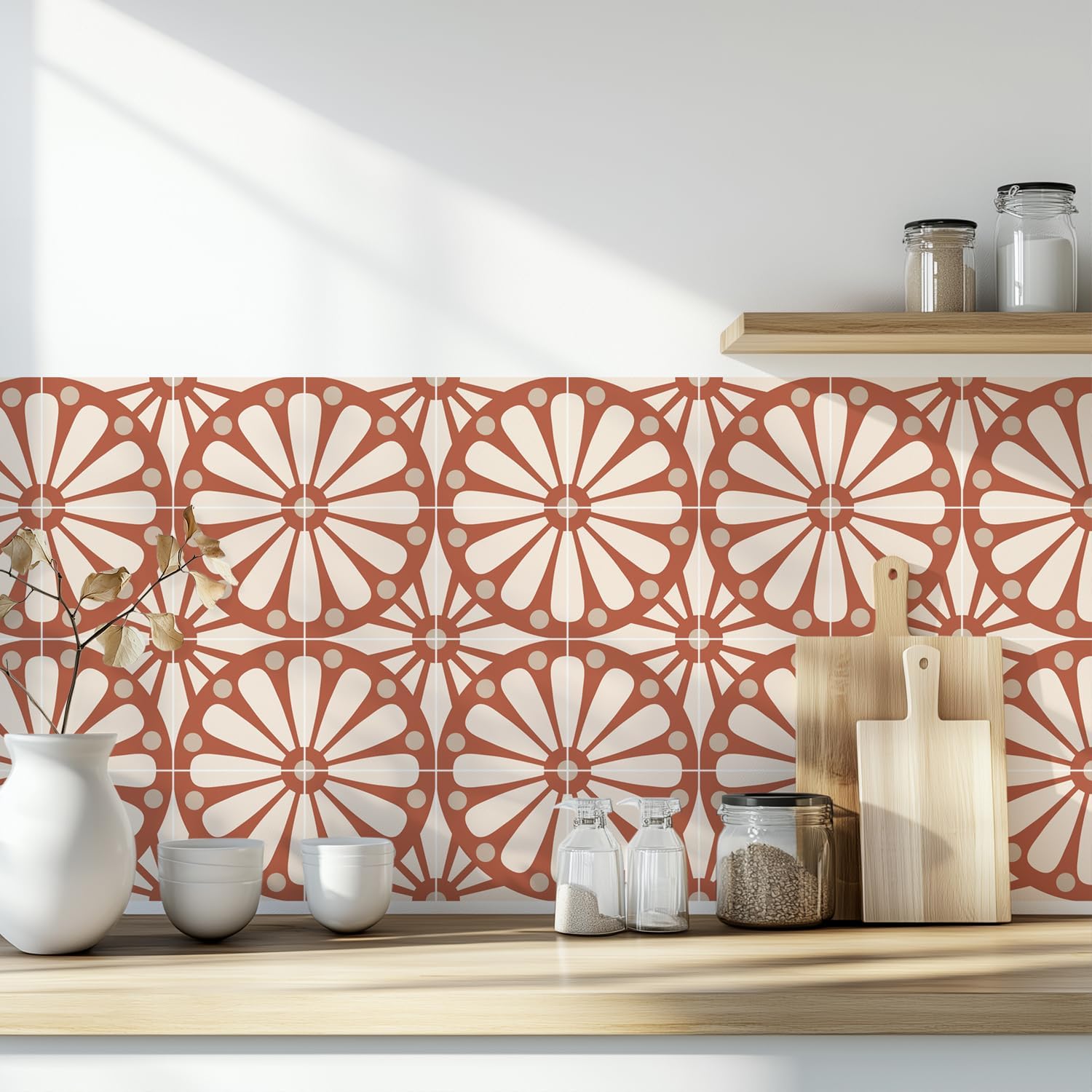 Boho Terracotta Sunburst Tile Stickers Peel and Stick Waterproof Vinyl / Red / 5.9 x 5.9 / Set of 16