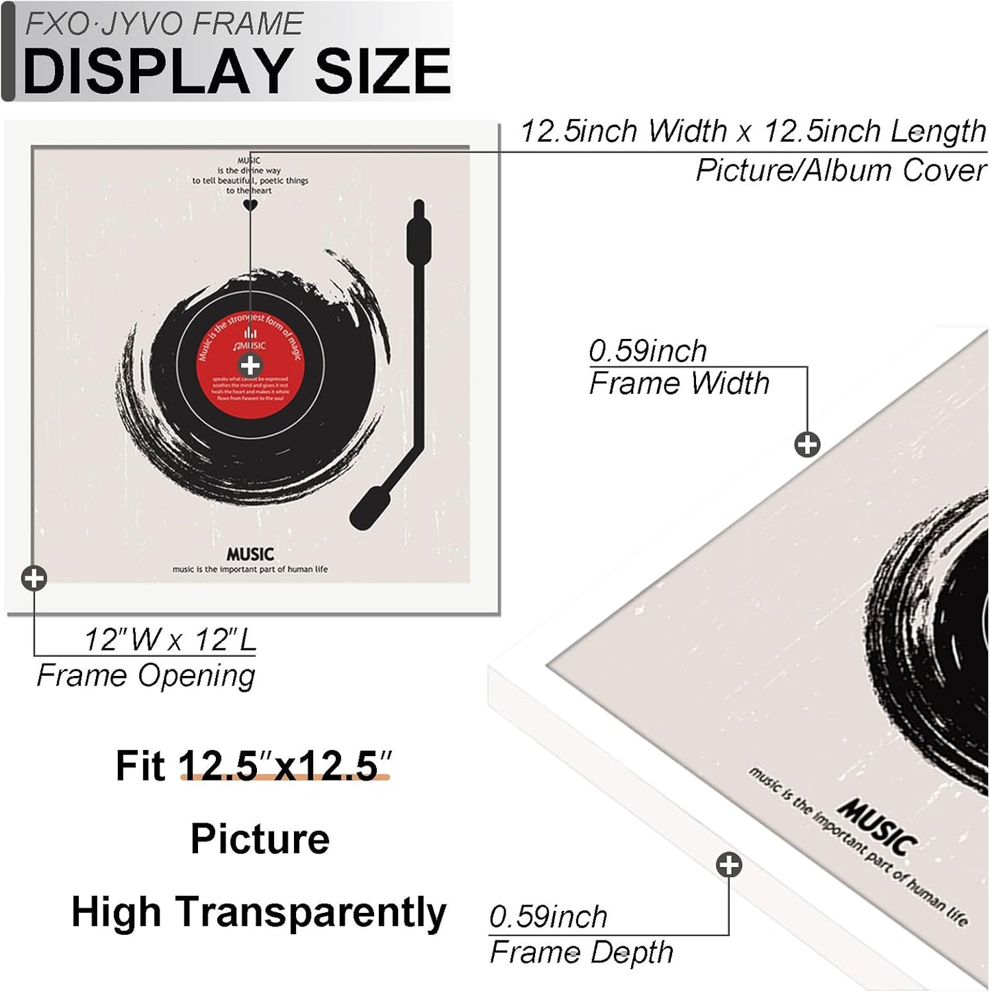 Vinyl Record Frame Display for 12 inch LP with 12.5x12.5 Album Cover | White 12.5 x 12.5 Frame Light Weight with