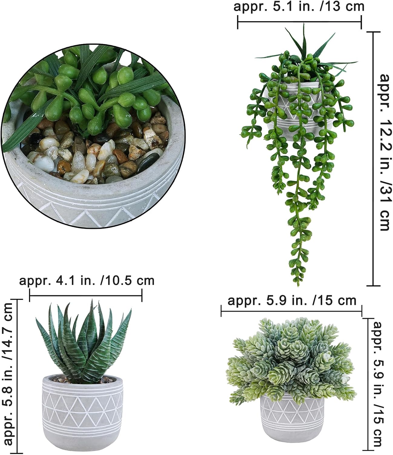 Mini Faux Succulent Potted Plants Artificial Aloe Hops String of Pearls Fake / Gray / Set of 3