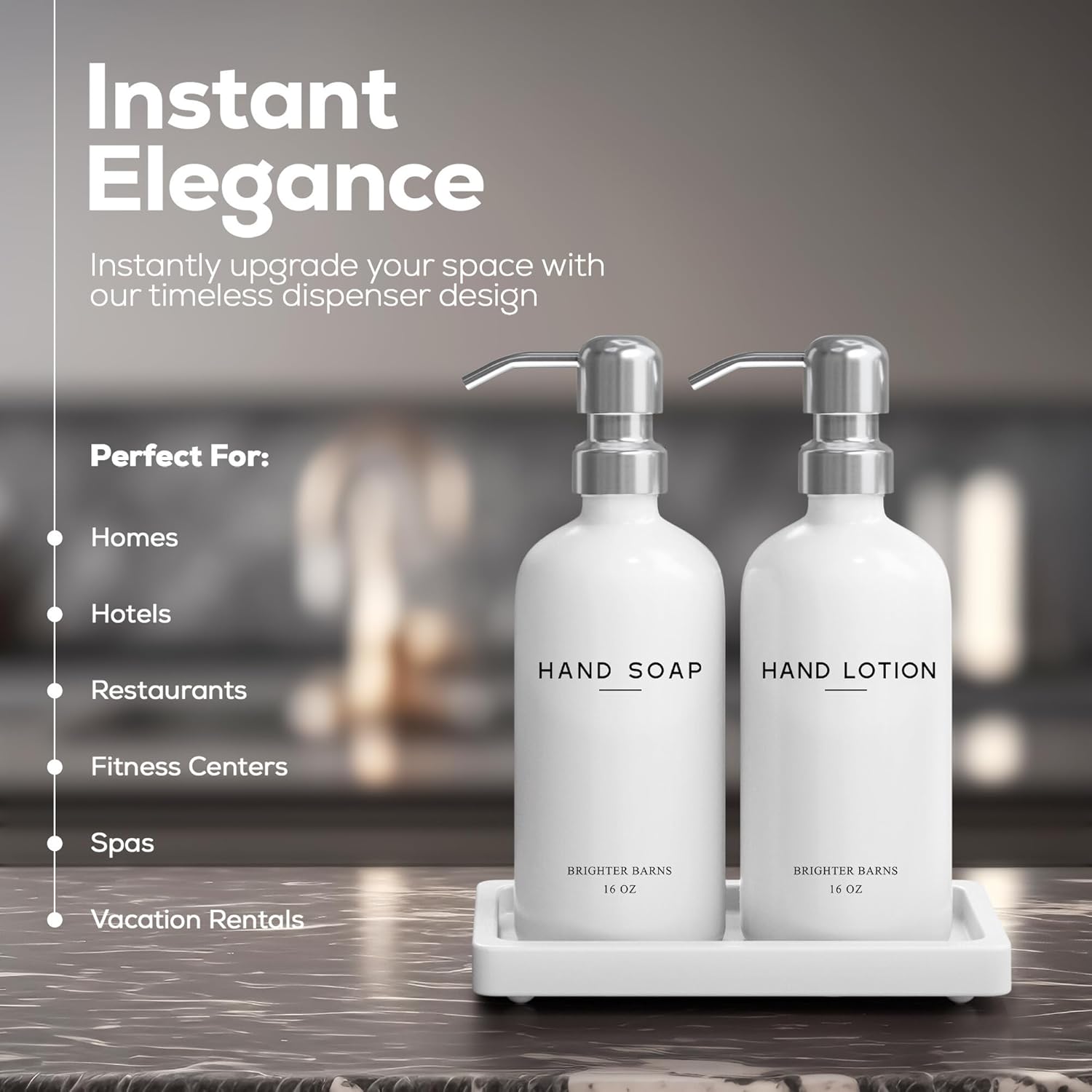 White Glass Soap and Lotion Dispenser Set by Brighter Barns - Bathroom Soap Dispenser Set Tray - Liquid Hand Soap
