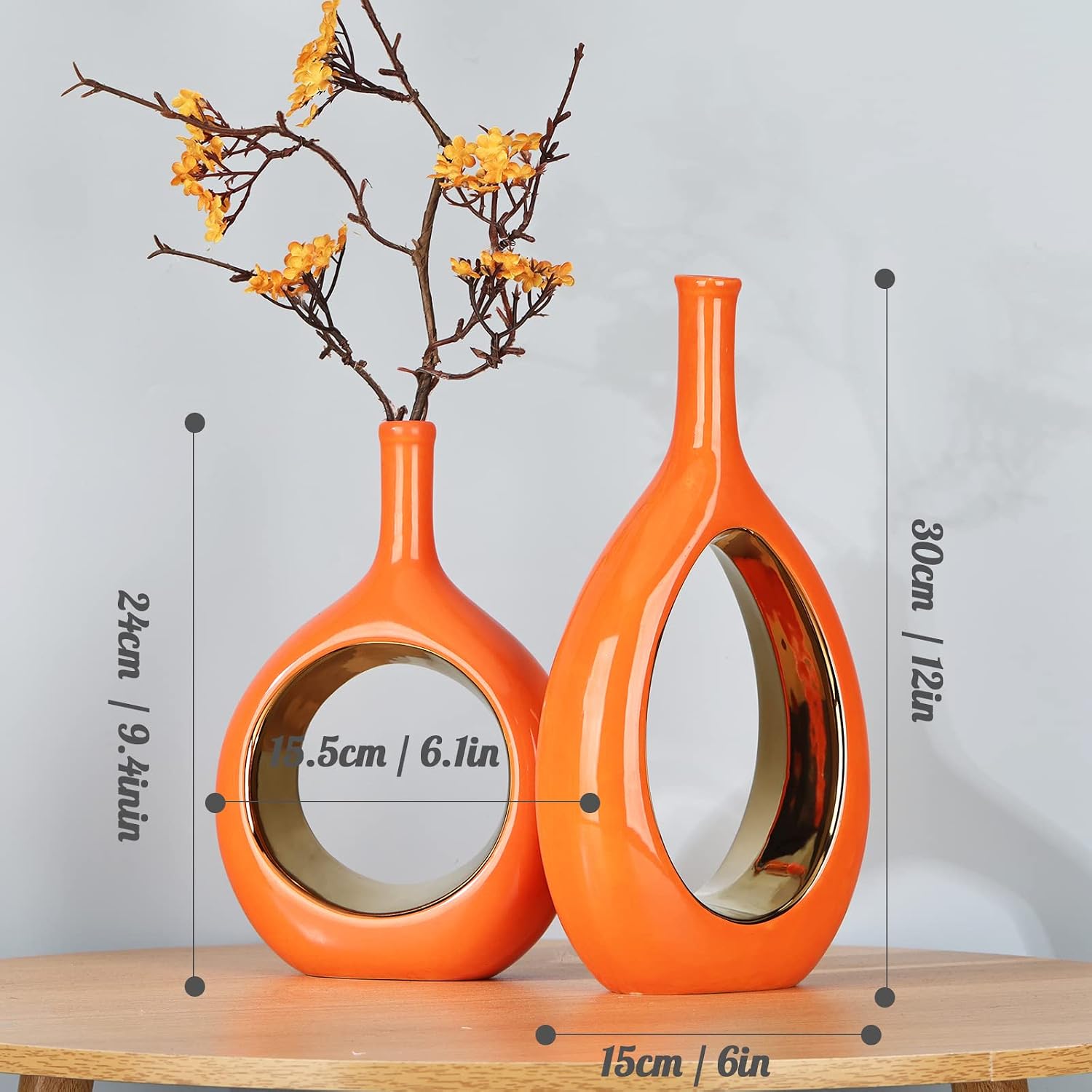 Modern Vases / Ceramic Orange and Gold Vase / Orange Gold / Set of 2