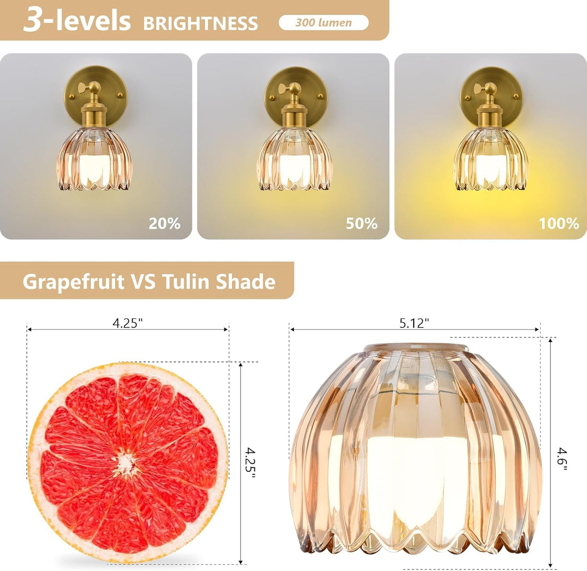 Vintage Battery Operated Wall Sconce, Amber Tulip Glass Lampshade Wireless Rechargeable Battery Powered LED Wall Light
