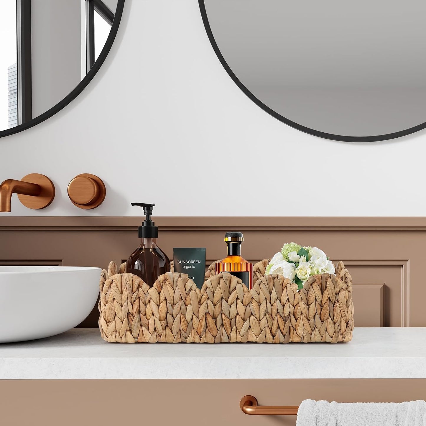 Wicker Scalloped Storage Basket Boho Bathroom Decor Baskets / Natural / 15.7"D x 6.6"W x 4.3"H