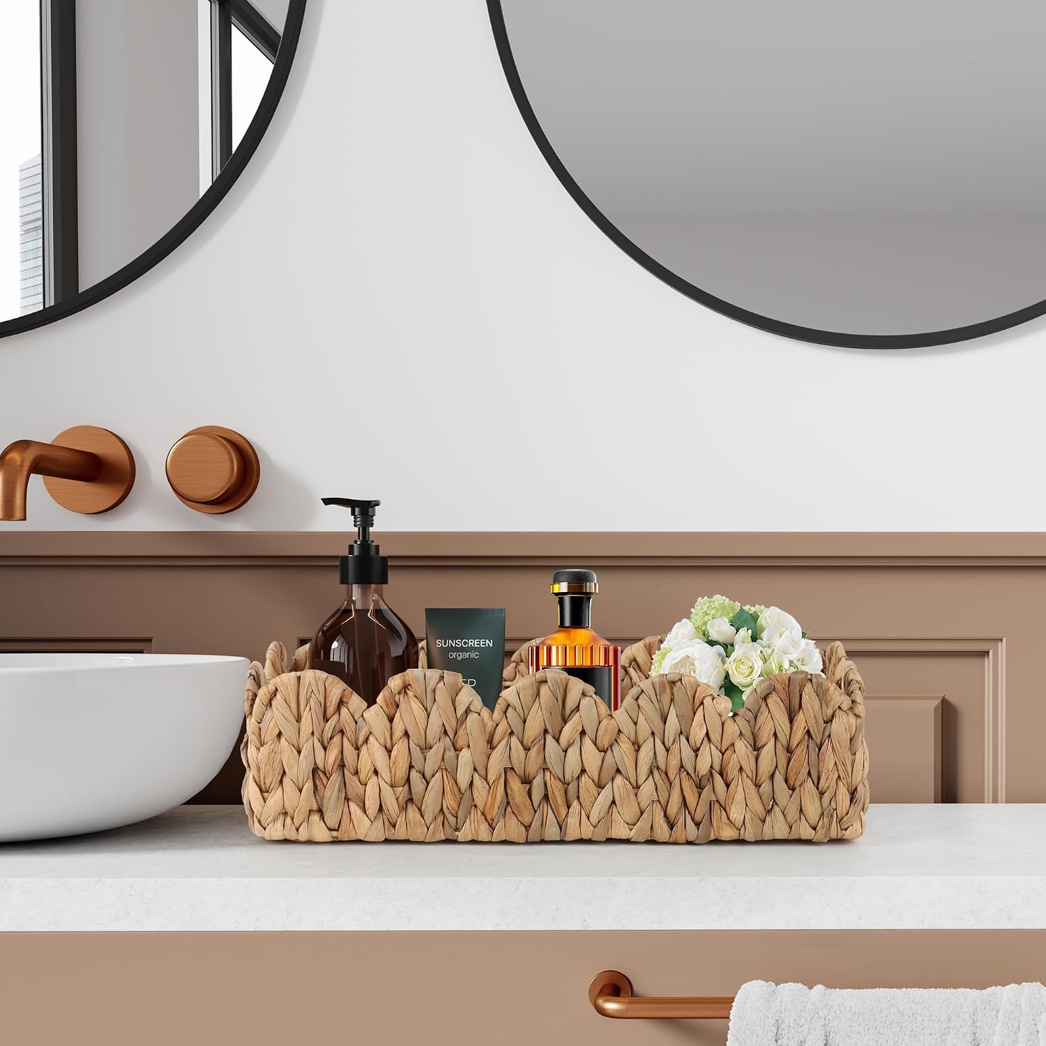Wicker Scalloped Storage Basket Boho Bathroom Decor Baskets / Natural / 15.7"D x 6.6"W x 4.3"H