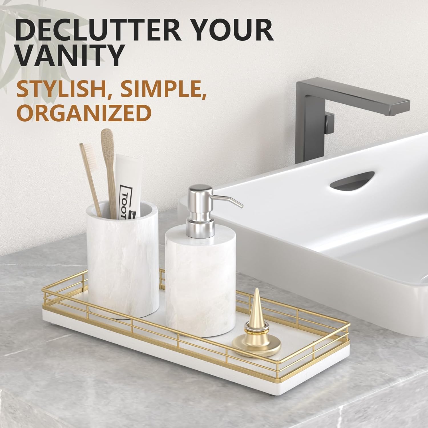Oak Wood Vanity Tray / Gold & White / 11 x 4.5 x 1.5