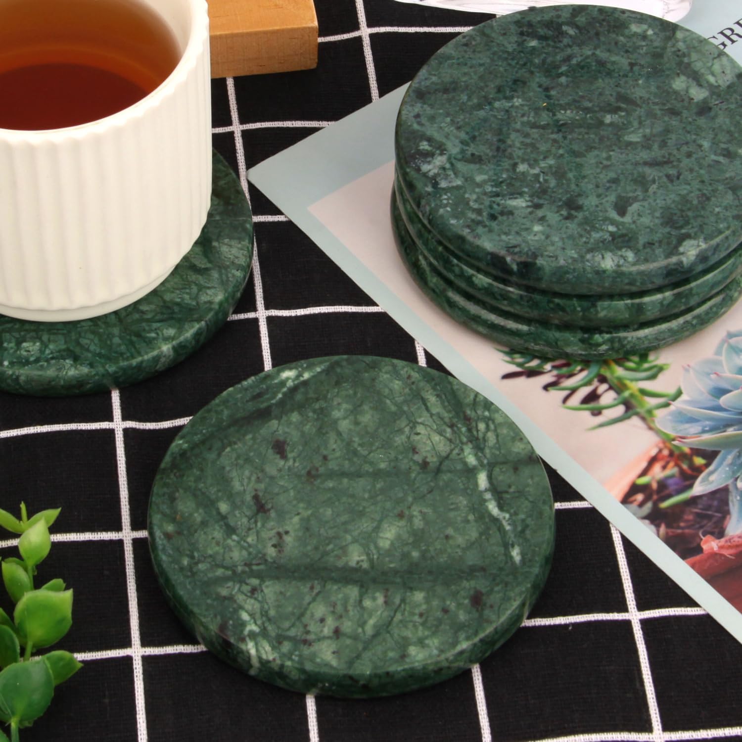 Natural Marble Coasters / Blackish Green / Round / 4 Inch / Set of 4