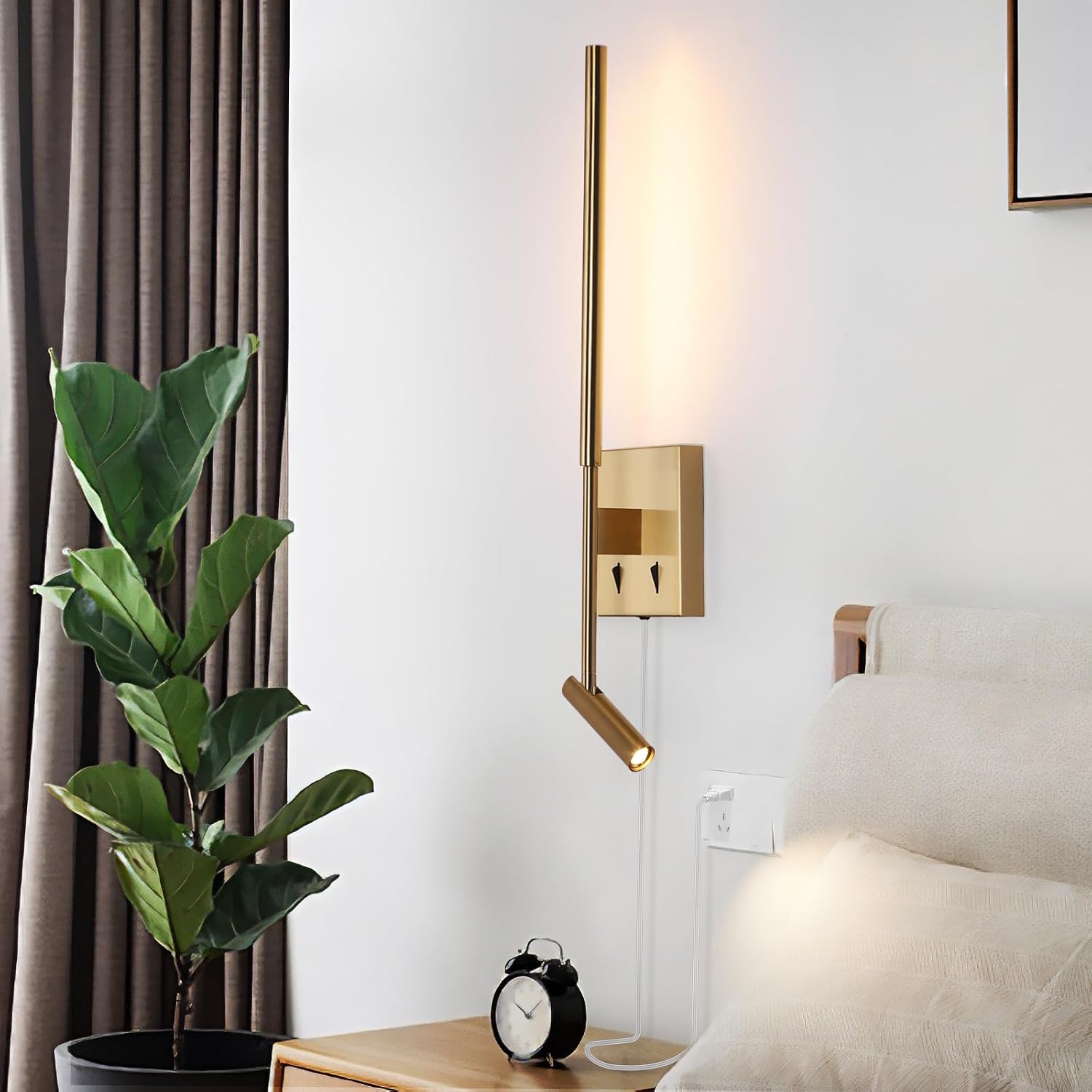 Modern Plug in Wall Sconce Indoor Ambient Lighting for Bedroom, Gold LED Wall Mounted Reading Lamp with Switch, Corded
