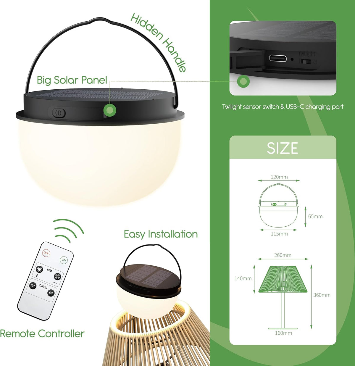 Rattan Solar Table Lamps - 2 Modes, Remote, Dimmable,Warm White,2pk