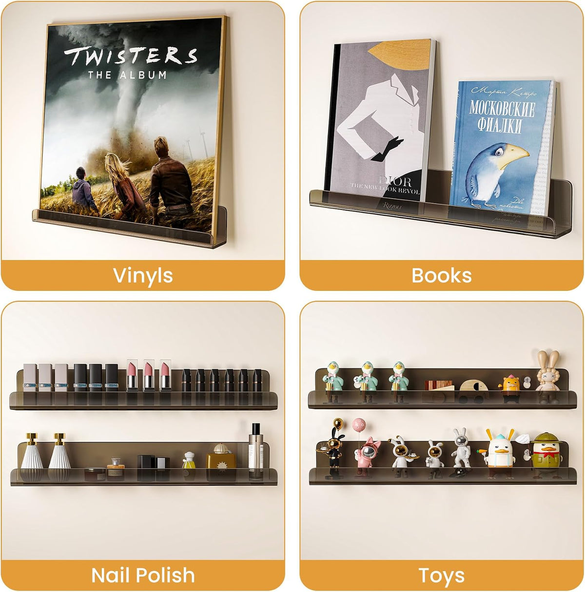 Vinyl Record Wall Mount Shelves, 12 inch Vinyl Holder, 8 Pack, Black | Acrylic Floating Shelves for Album Record