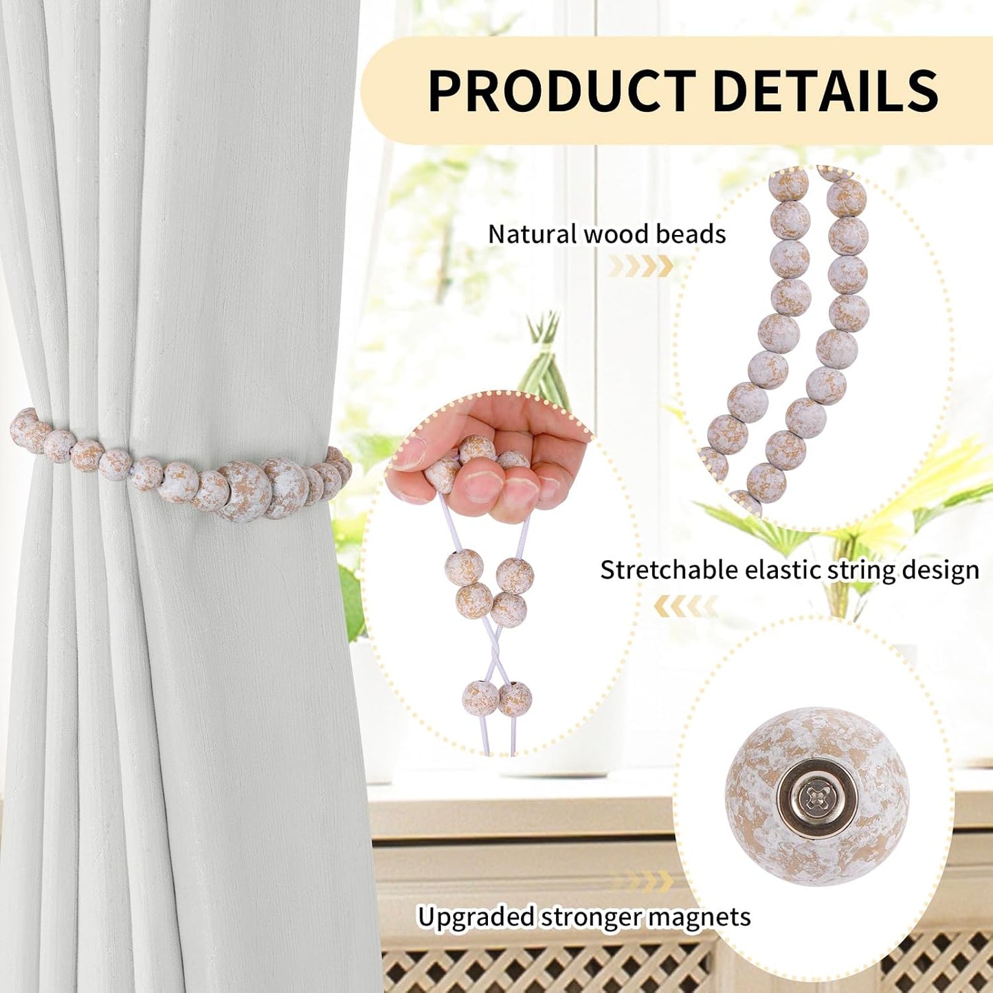 KLOGTSIND Magnetic Curtain Tiebacks, 6 Pack Wood Bead Curtain Holdbacks | Curtain Holders for Bedroom Decor, Boho Room