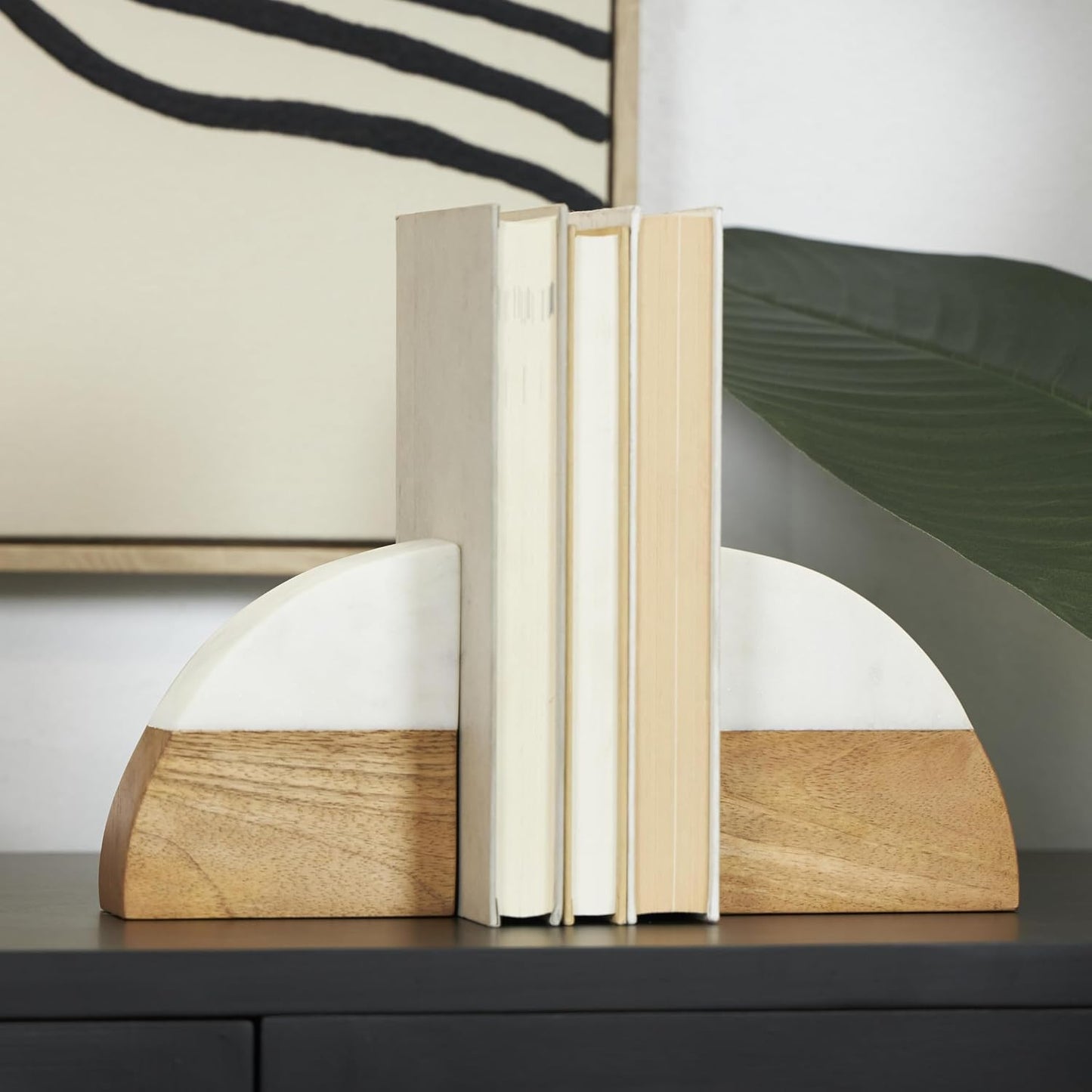 Mango Wood Geometric Decorative Bookends Arched 5 lbs Non Skid / 5"w, 5"H / White / Set of 2