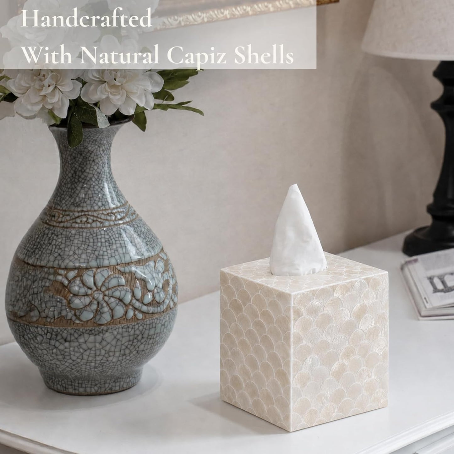 Square Decorative Holder / 5.9" Capiz Shell Tissue Box Cover for Kleenex and More