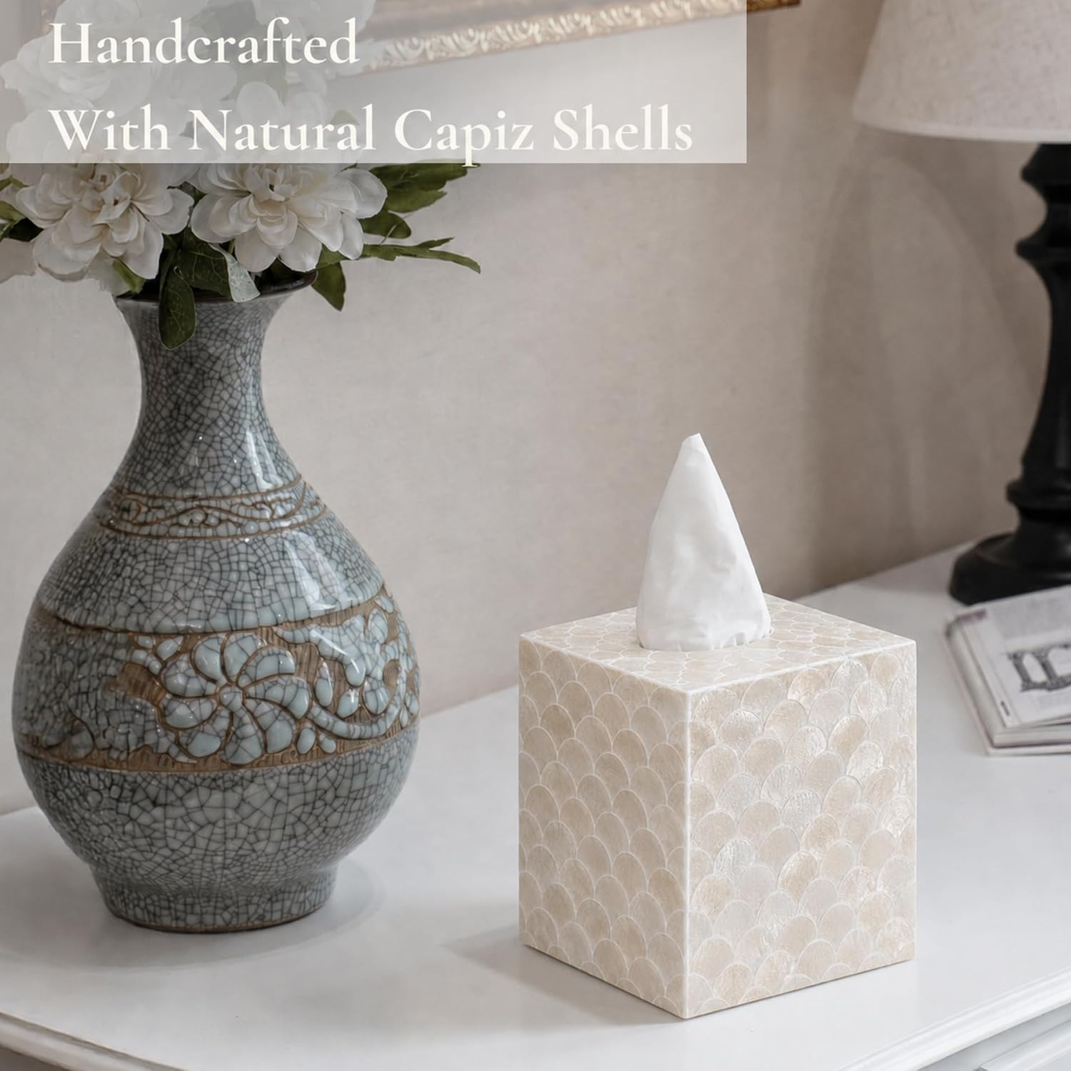 Square Decorative Holder / 5.9" Capiz Shell Tissue Box Cover for Kleenex and More
