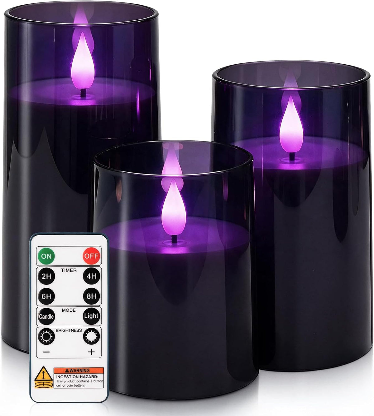 Homemory Dark Gray Flameless Candles, Purple Glow, Remote Timer, Set of 3