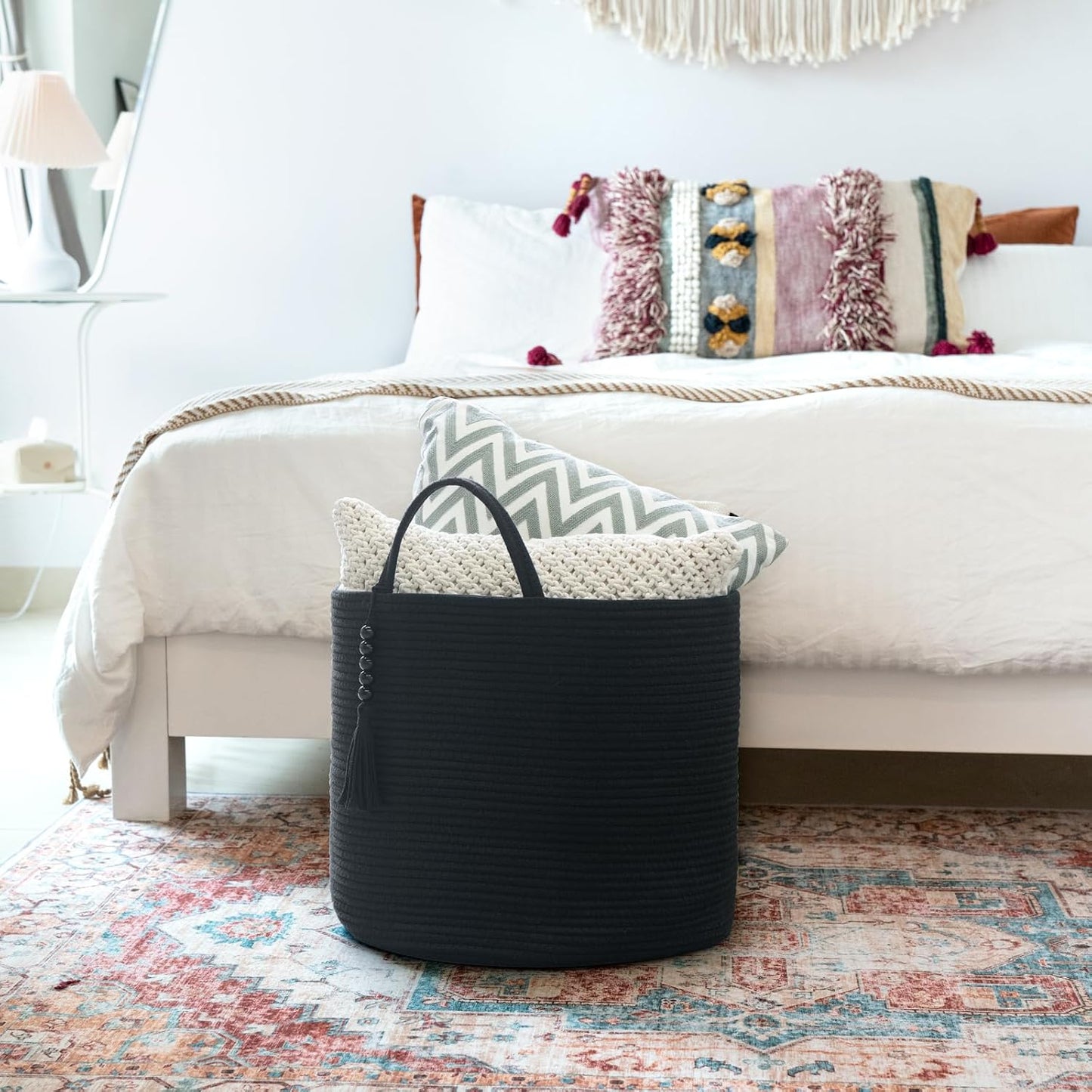Woven Storage Basket Decorative Natural Rope Basket Wooden Bead Decoration / Black / 16" W x 13.8"L