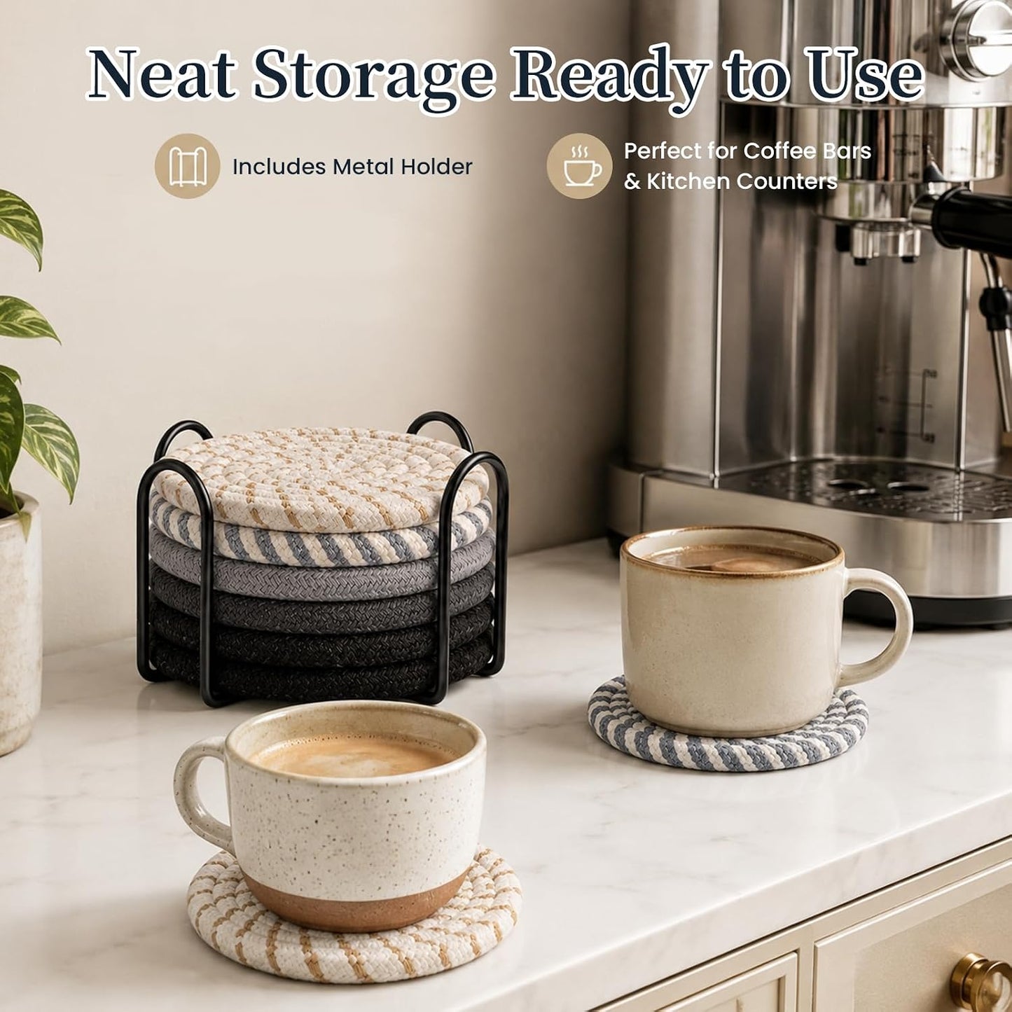Holder / Crochet Style Boho Coffee Bar Accessories for Mugs / Brown / Set of 8