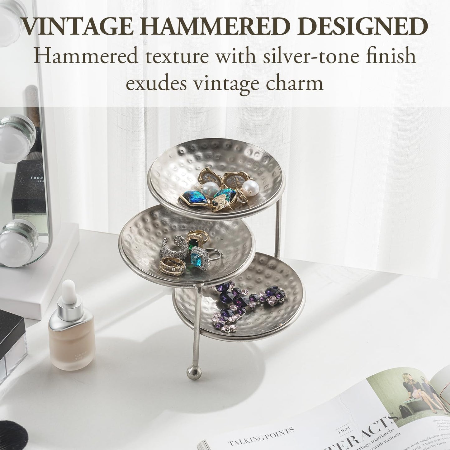 Hammered Silver Metal Dishes and Stand / Silver, 3 Tier / 4 Inch