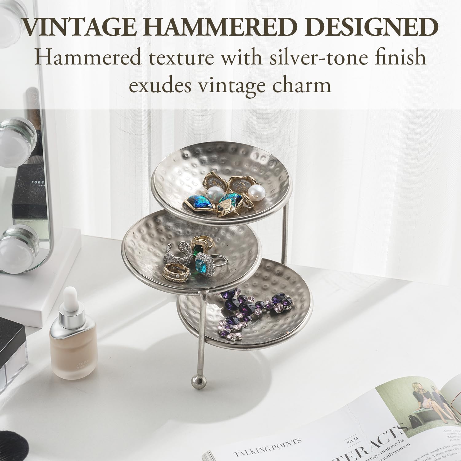 Hammered Silver Metal Dishes and Stand / Silver, 3 Tier / 4 Inch