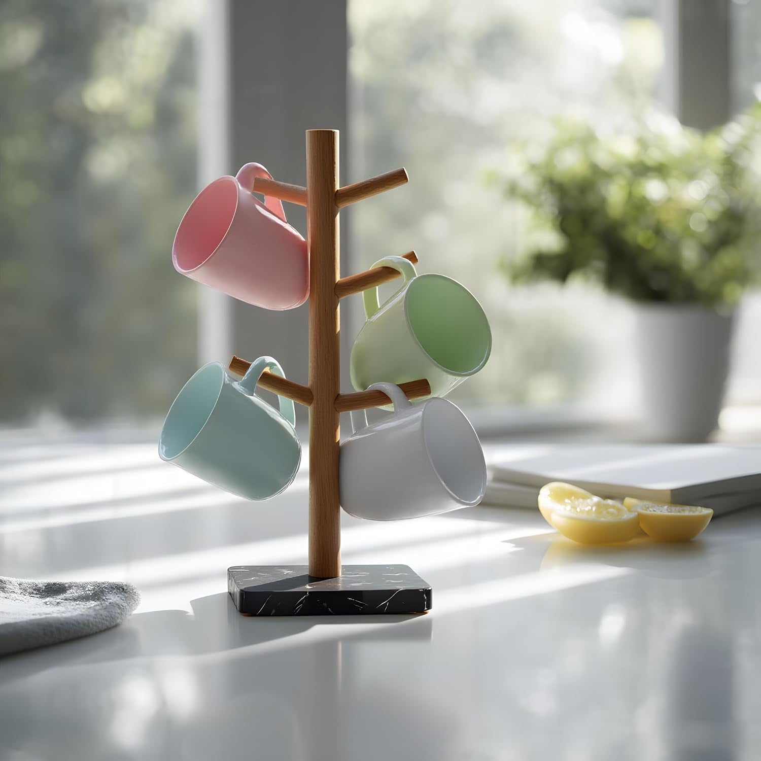Buruis Acacia Wood Mug Holder with Marble Base, 6 Hook Mug Tree, Black | Coffee Mug Rack for Countertop, Space-Saving
