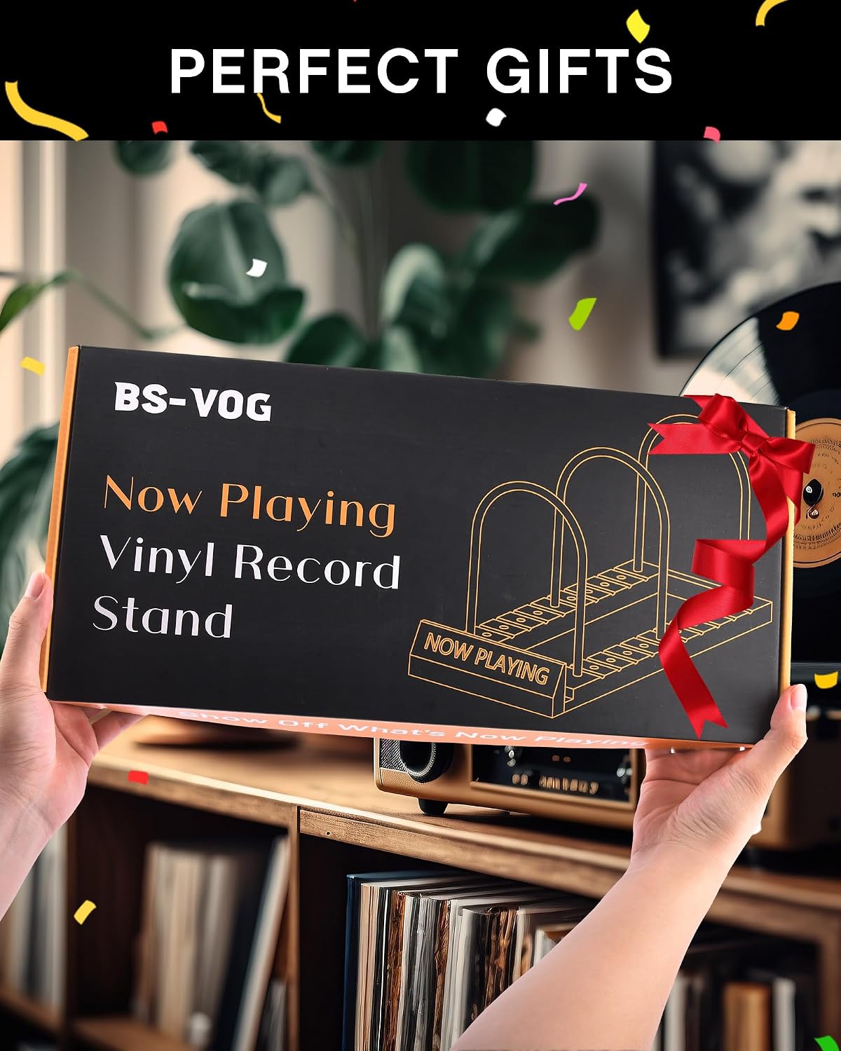 BS-VOG Now Playing Vinyl Record Holder Storage Fits 50 LPs, Gift Package | Display Your Now Playing Record, Assembles