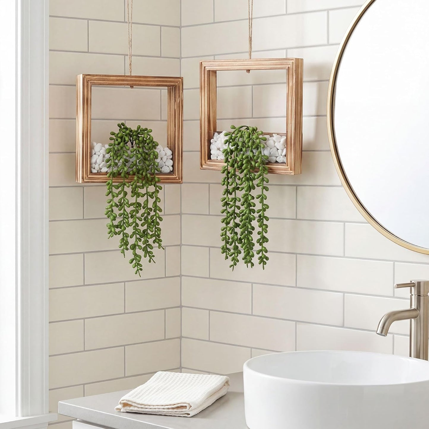Artificial Succulents Plants in Square Wooden Frame / Burnt Wood / Set of 2